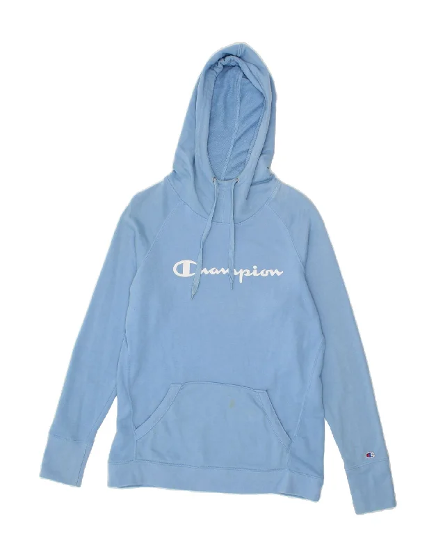 CHAMPION Womens Graphic Hoodie Jumper UK 14 Medium Blue Cotton Hoodie with Color Block Contrast Stylish