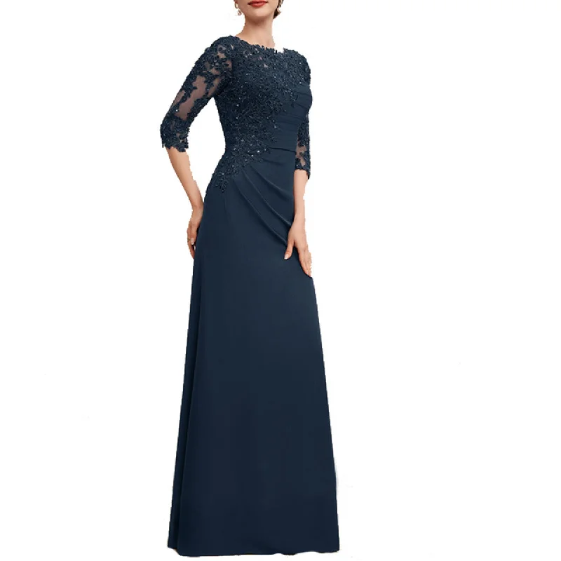 Ruched Jewel Blue Long Mother of the Bride Dress Half Sleeves empire Waist empire