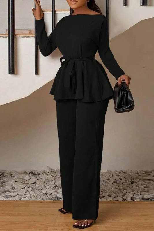 Solid Color Stylish Belted Peplum Pant Suit Trendy Wide-Legged Trousers