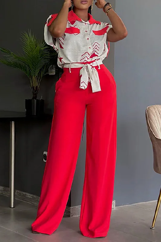 Graphic Print Retro Belted Wide Leg Pant Suit Comfortable Maternity Pants