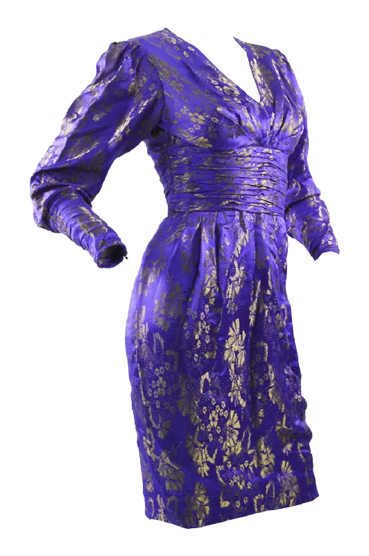 Preowned Blue & Gold Vintage Silk Party Dress, 1980s Cowl Neckline Elegant