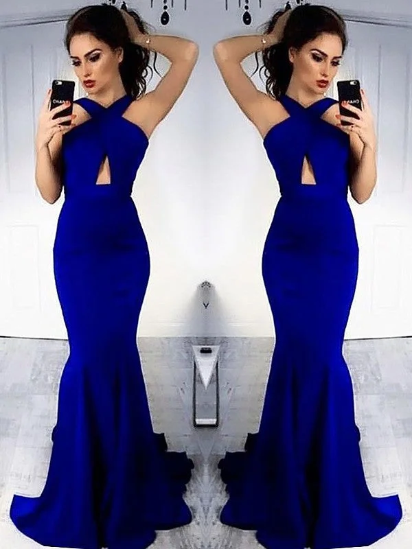 Sheath Halter Sleeveless With Ruched Satin Prom Dresses