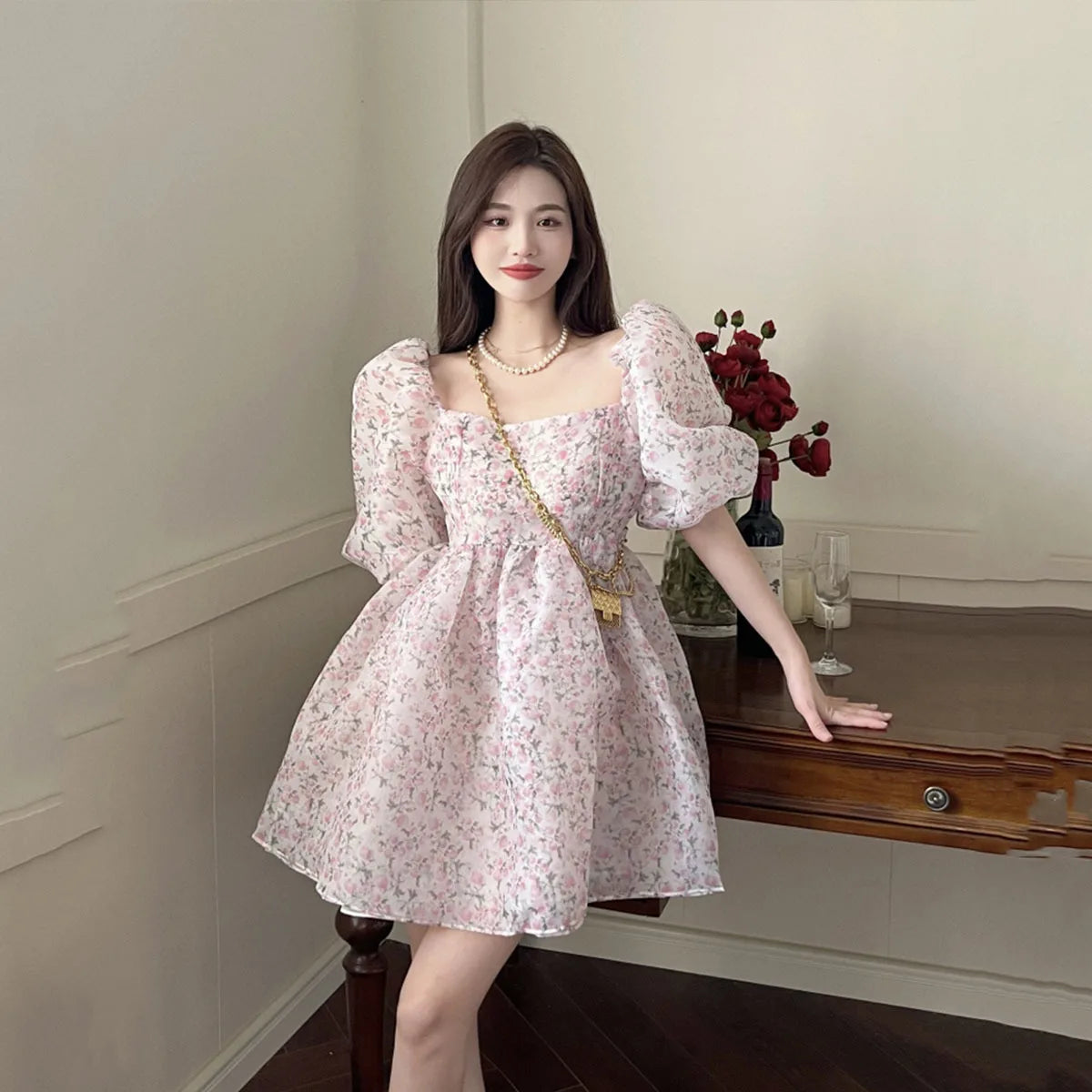 Wjczt Sexy Square Neck Puff Sleeve Holiday Party Dress Summer Women Both-Sides Wear Floral Print Chiffon Organza Dress Short Vestido Cowl Neckline Elegant