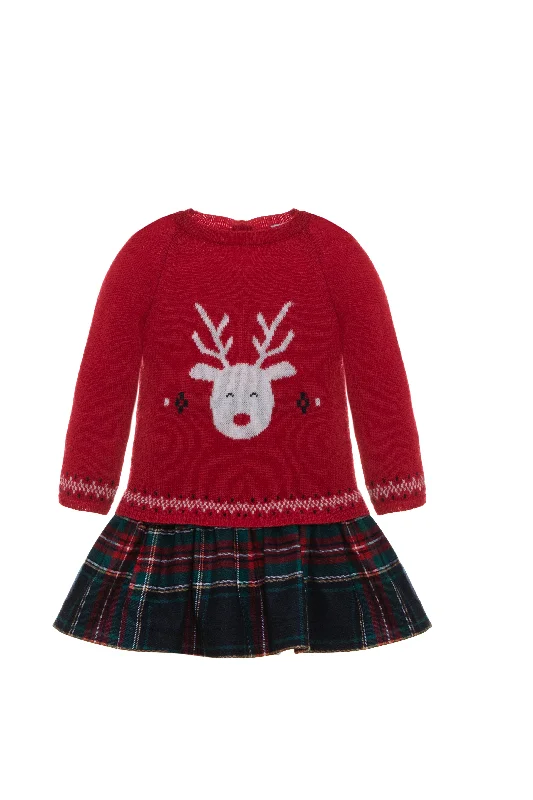 AW22 Patachou Red & Green Tartan Half-Knit Reindeer Motif Drop Waist Dress Tunics Bridal satin