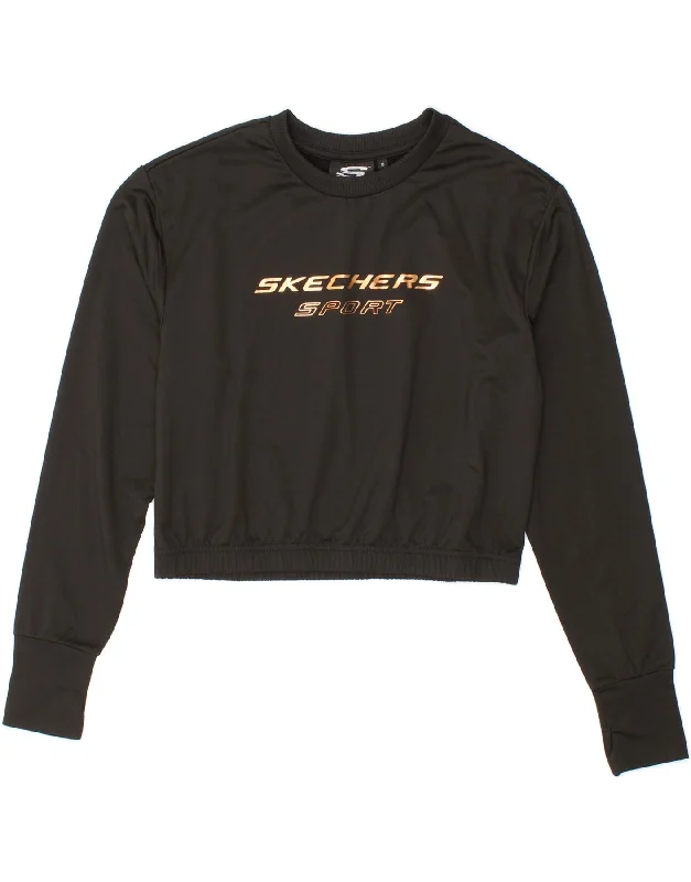SKECHERS Womens Crop Graphic Sweatshirt Jumper UK 8 Small  Black Polyester Hoodie with Hem Applique Textured Unique