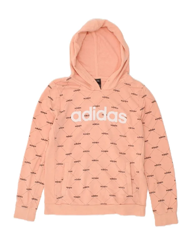 ADIDAS Womens Graphic Hoodie Jumper UK 12/14 Medium Pink Cotton Hoodie with Ribbed Hem Stretchable Secure