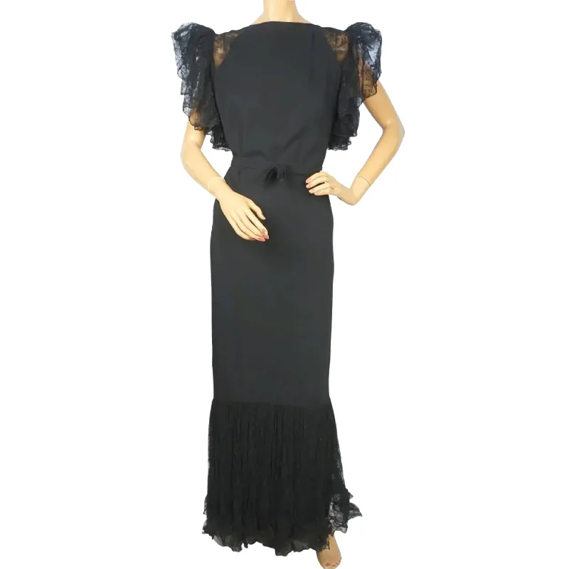 Vintage 1930s Evening Gown Black Crepe Dress Size M L Tunics Print Colorful