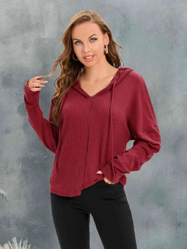 Waffle-Knit Drawstring Drop Shoulder Hoodie Hoodie with Elastic Waist Stretchable Comfortable
