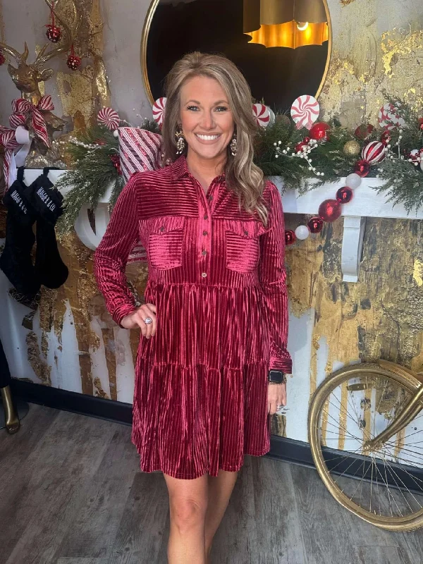 Berry Texture Collared Button Down Dress