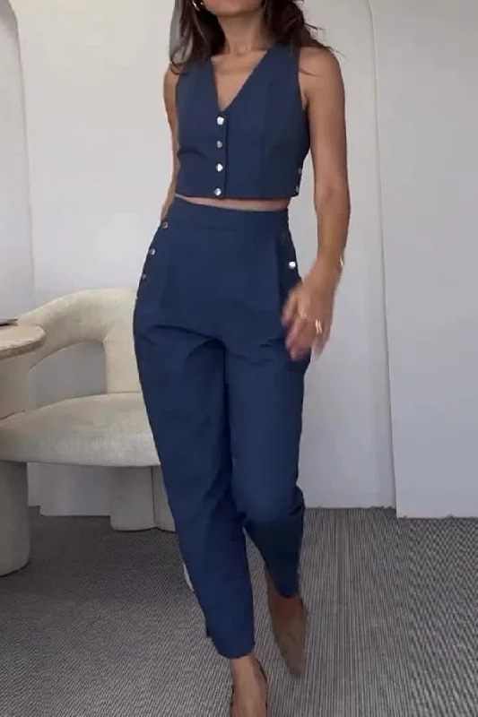 Solid Color Sleeveless V Neck Simple OL Pant Suit Casual Wide Pants