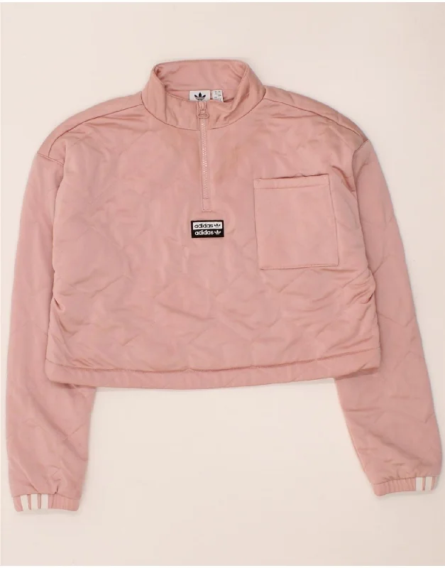 ADIDAS Womens Crop Zip Neck Sweatshirt Jumper UK 12 Medium Pink Hoodie with Metallic Shiny Futuristic