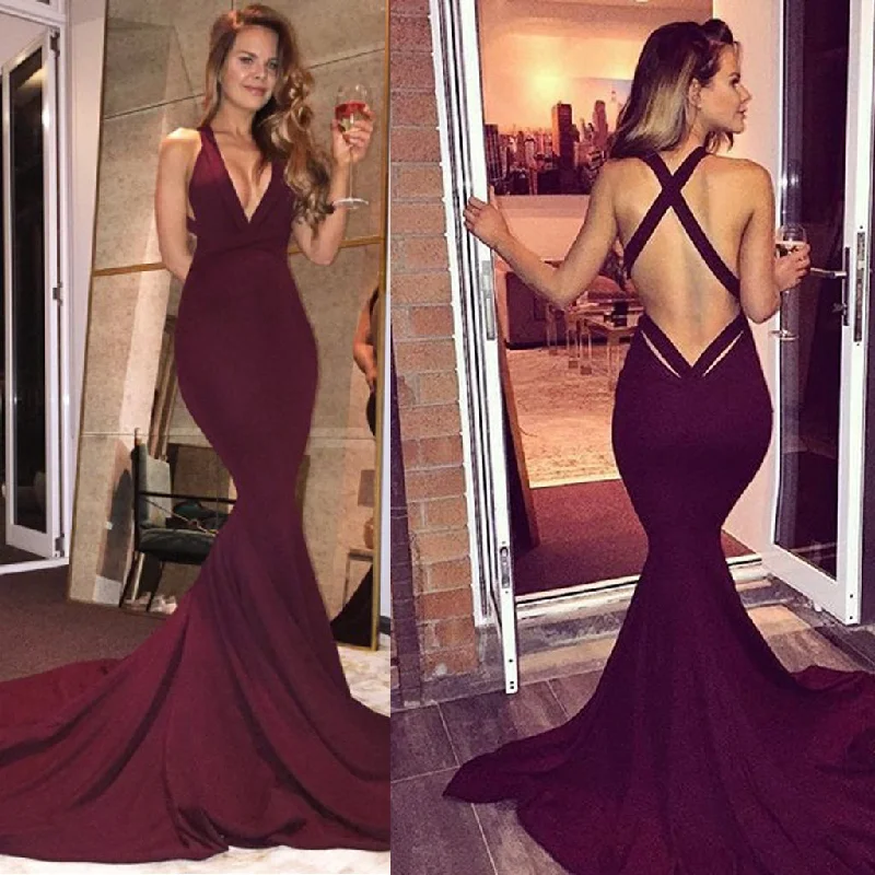 Long Prom Dresses, Satin Prom Dresses, Mermaid Party Dresses, Criss-Cross Straps Evening Dresses, Deep V-Neck Prom Dress, Backless Prom Dress, Prom Dress with Court Train, LB0569 Off-the-shoulder Bohemian Festive