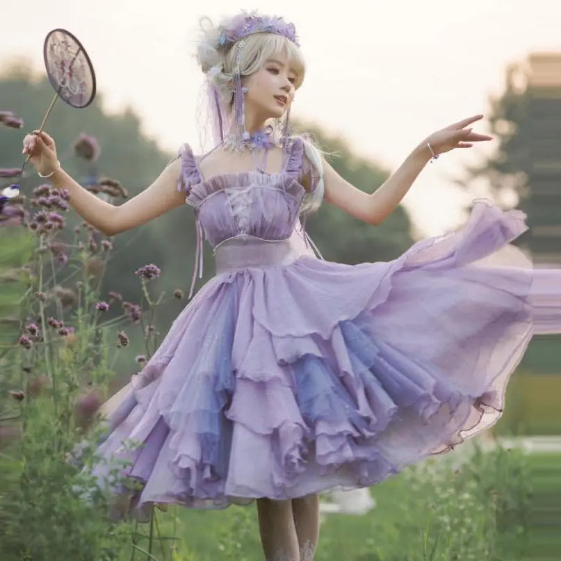 Wjczt Purple Ruffles Mini Prom Dress Chiffon Organza Lace-up Party Dress Knee Length Applique Chinese Style Long Sleeve Princess Dress Tunics Fleece cozy