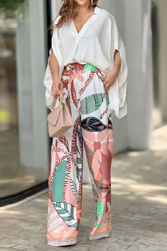 Floral Print Classic Drawstring V Neck Pant Suit Classic Flared Pants