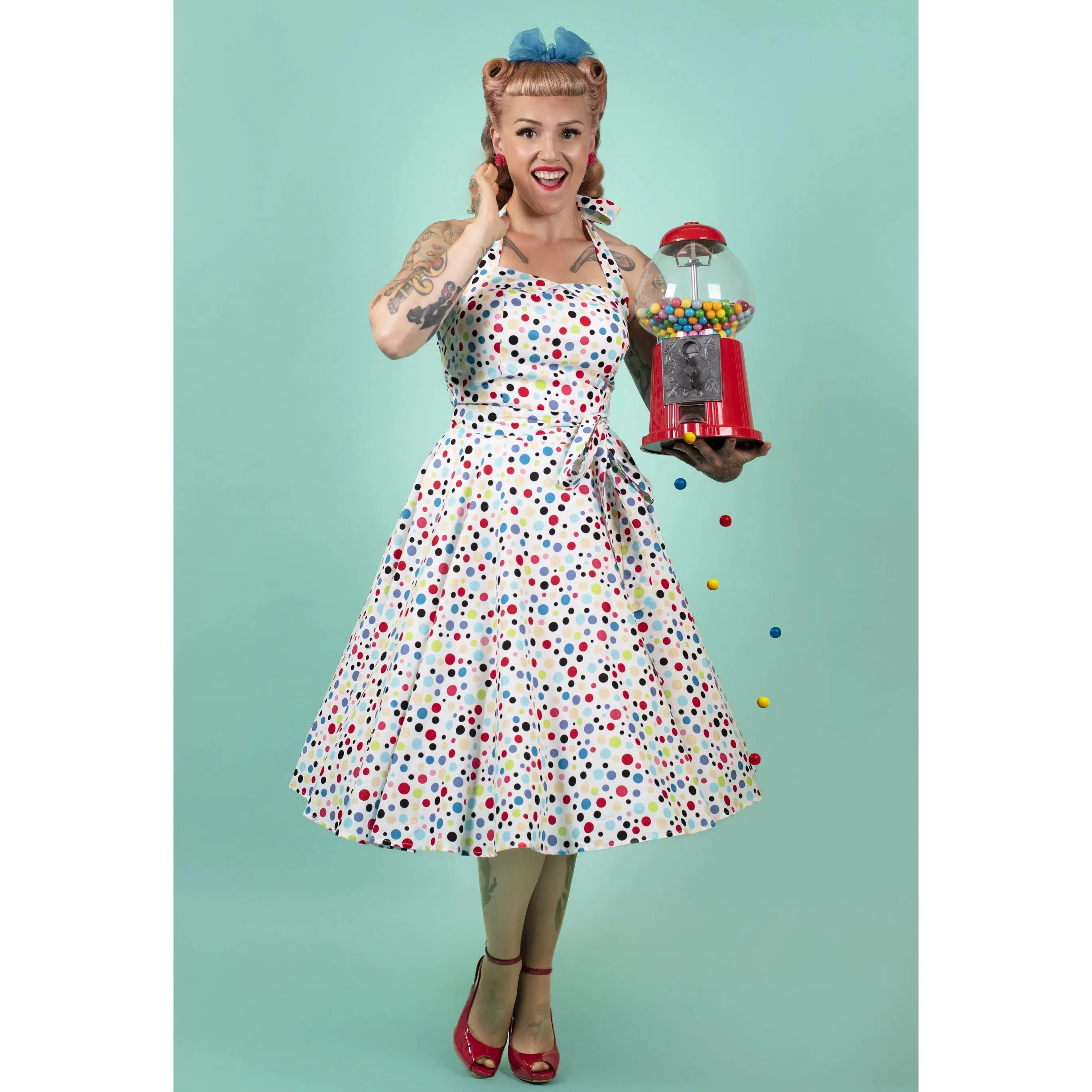 Dolly & Dotty Sophie Dress in Colorful Polka Dots Boat Neckline Classic