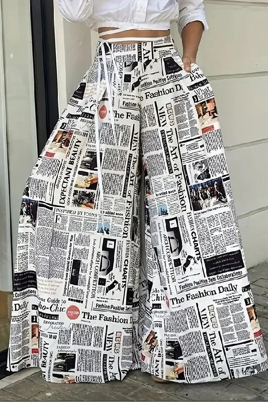Newspaper Print Feminine Wide Leg Pants Sleek Black Pants