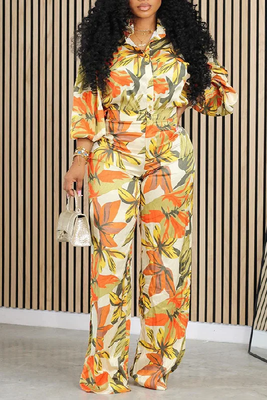 Floral Print Casual Wide Leg Pant Suit Trendy Tapered Pants