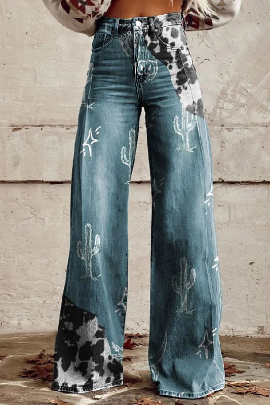 Women's Vintage Print Casual Wide Leg Pants Soft Stretch Trousers