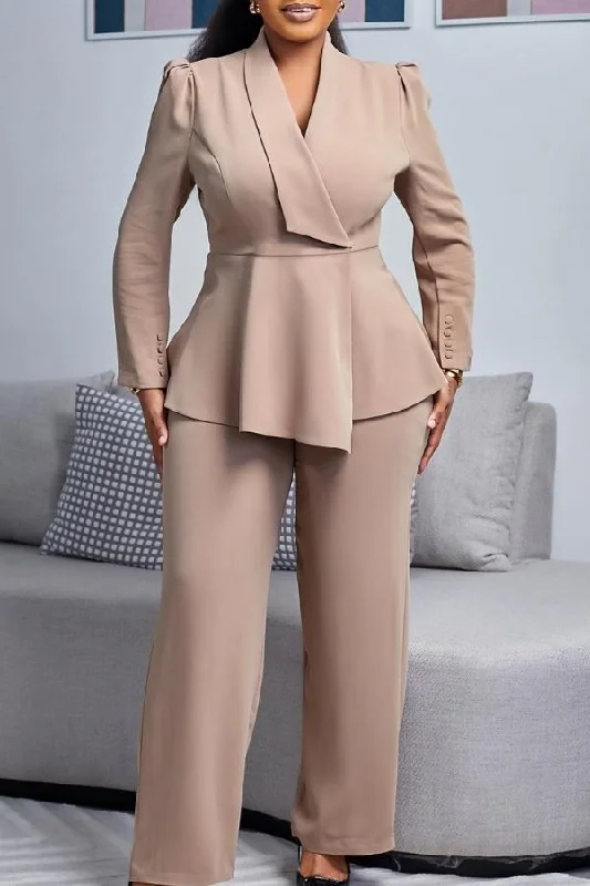 Solid Color Peplum Commuting OL Pant Suit Fashionable Button-Up Pants