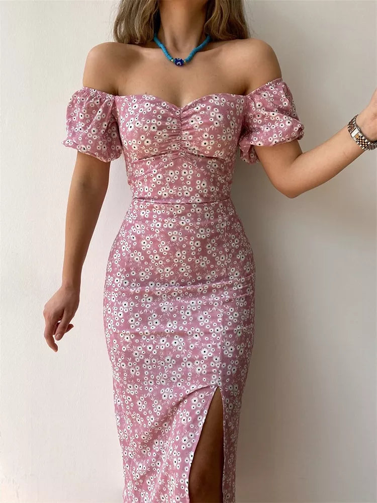 Wjczt Sexy Floral Print Short Sleeve Hip Wrap Party Dress Elegant Off Shoulder Backless Dress New Summer Waist Slit Boho Long Dresses Crew Neckline Sporty