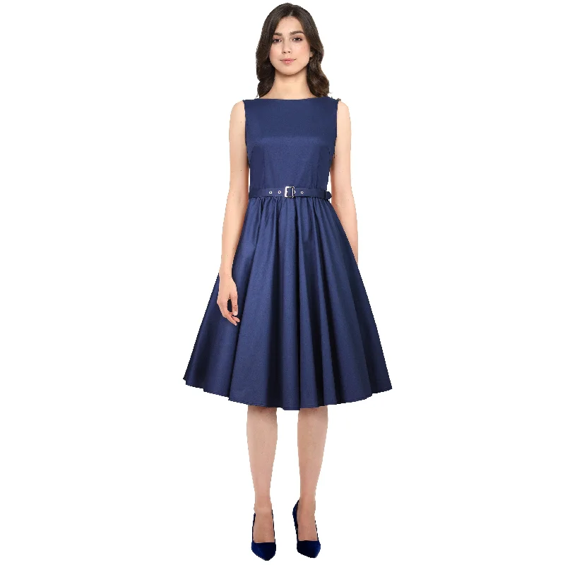 Bella Belted Swing Dress in Navy Turtleneck Neckline Stylish