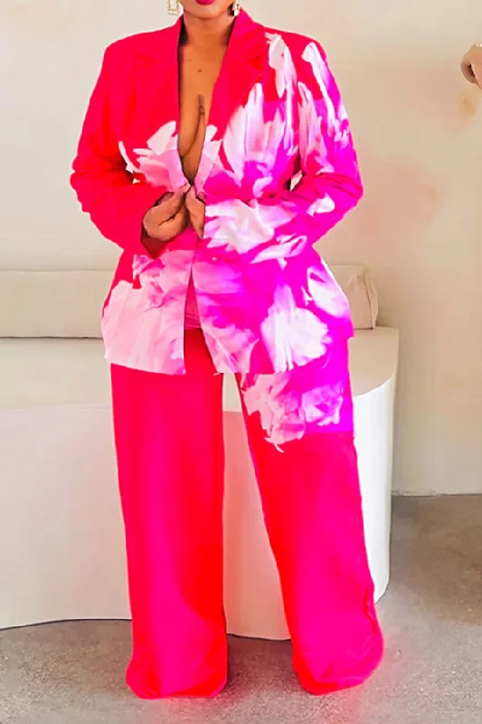 Floral Print Unusual Notched Lapel Wide Leg Pant Suit Trendy Palazzo Pants