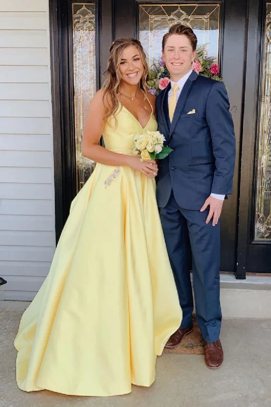 Yellow Long Prom Dress With Beaded Pockets,Formal Dresses Backless Evening Gown