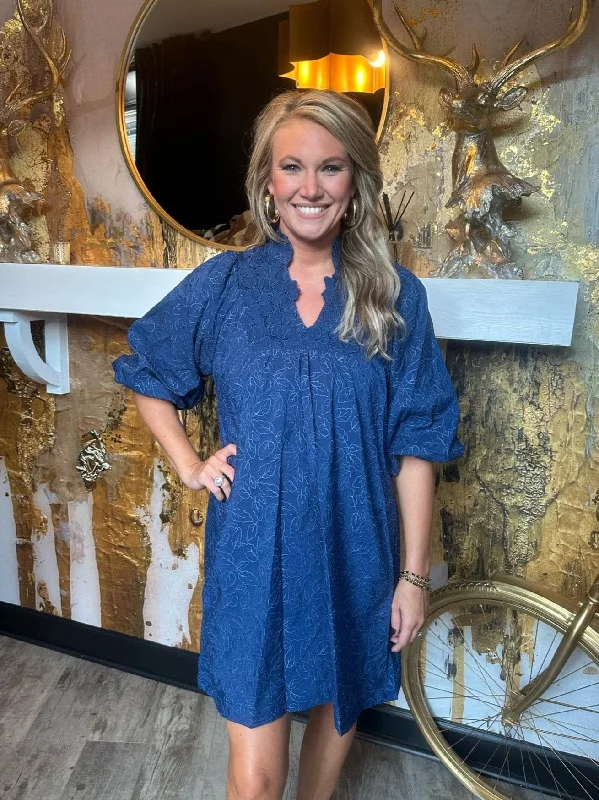 Blue Floral Lace Contrast Dress