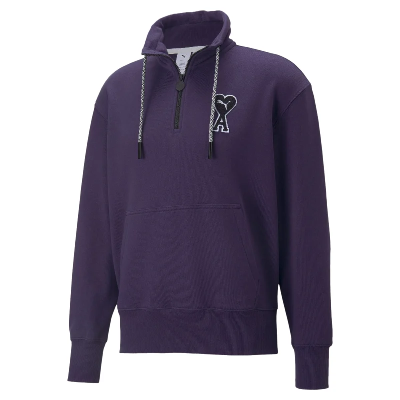 Puma x AMI Half-Zip Sweatshirt Deep Plum Hoodie with High-Low Hem Asymmetrical Trendy Puma x AMI Half-Zip Sweatshirt Deep Plum Hoodie with High-Low Hem Asymmetrical Trendy