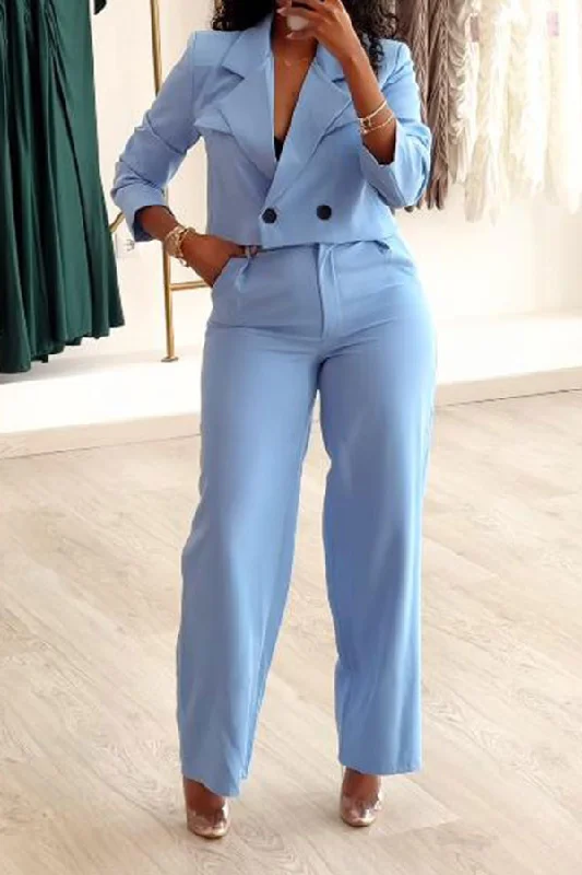 Solid Color Notched Lapel Modern OL Wide Leg Pant Suit Slim-Fit Leggings