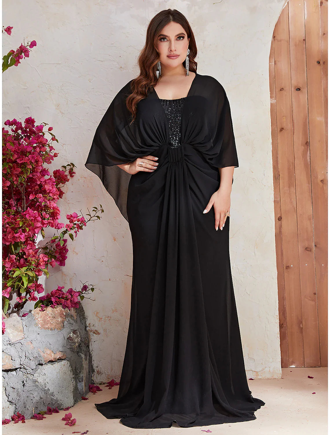 Mermaid / Trumpet Wedding Guest Dresses Plus Size Dress Formal Evening Party Dress Sweep / Brush Train Long Sleeve V Neck Polyester with Sequin Shawl Tunics Ceremony elegant