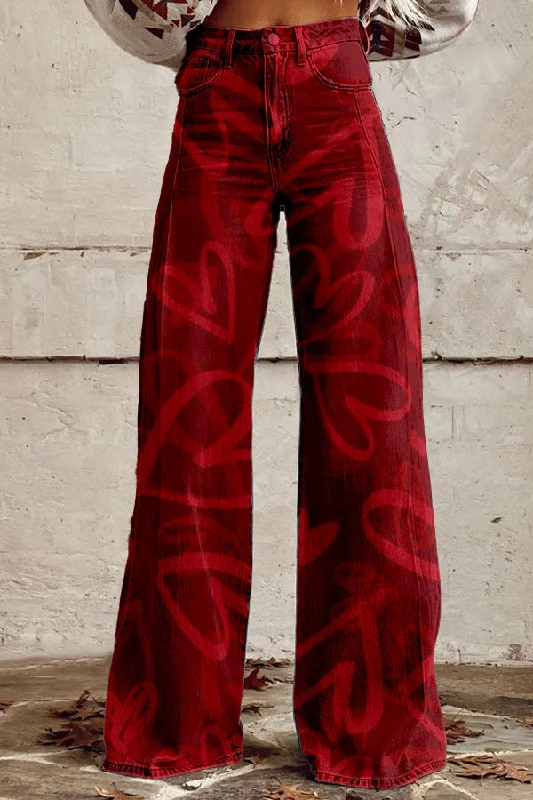 Valentine's Day Red Heart Wide Leg Pants Formal Stretch Pants