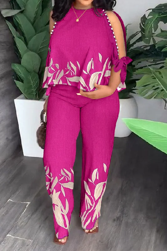 Leaf Print Elegant Beaded Decor Pant Suit Elegant Dress Pants