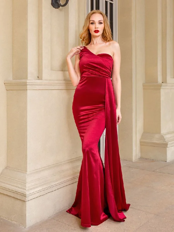 Wjczt One Shoulder Padded Sexy Satin Maxi Dress Women's Evening Party Dress Gown with Ribbon Royal Blue Green Draped Long Dress Tunics Party sparkling