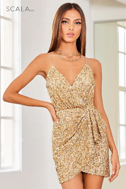 SCALA -60330 V-Neck Mini Sequin Dress Tunics New arrival