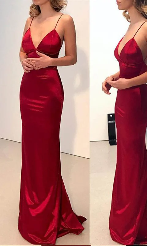 Fitted Wine Sateen Long Spaghetti Prom Party Dresses With Open Back Tunics New arrival
