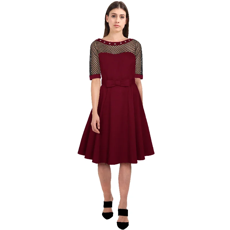 ChicStar Nadia Net and Stud Swing Dress in Burgundy Tunics Satin smooth