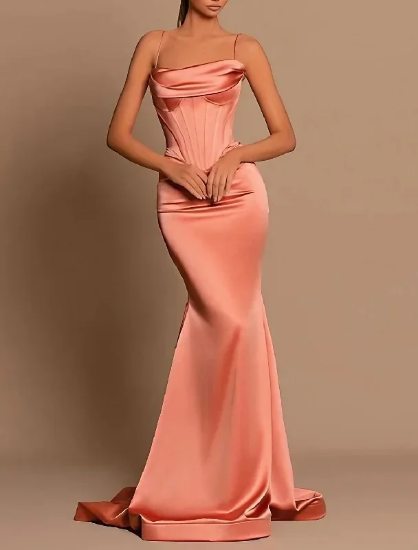 Mermaid / Trumpet Evening Gown Corsets Dress Wedding Cocktail Party Dress Sweep / Brush Train Sleeveless Spaghetti Strap Bridesmaid Dress Satin with Ruched Tunics Versatile functional