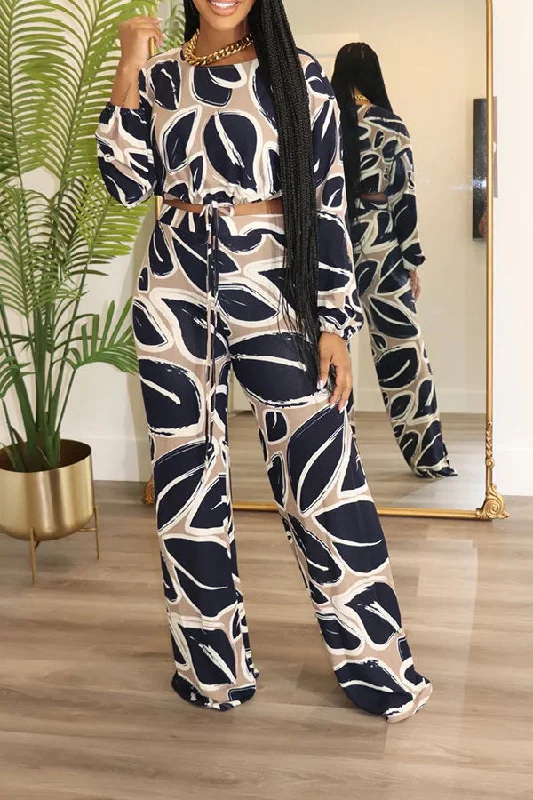 Leaf Print Stylish Drawstring Wide Leg Pant Suit Slim-Fit Khaki Pants