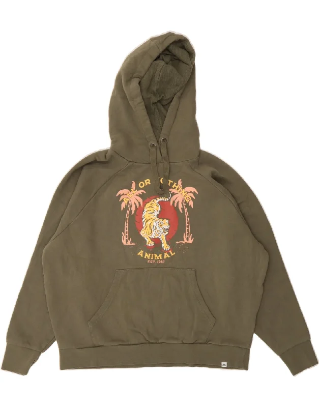 ANIMAL Womens Oversized Graphic Hoodie Jumper UK 8 Small Khaki Cotton Hoodie with Longline Fit Extended Stylish
