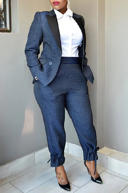 Solid Color OL Peak Lapel Urban Ankle-Tied Pant Suit Cozy Lounge Pants