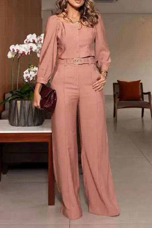 Solid Color Square Collar Commuting Pant Suit Chic Wool Trousers