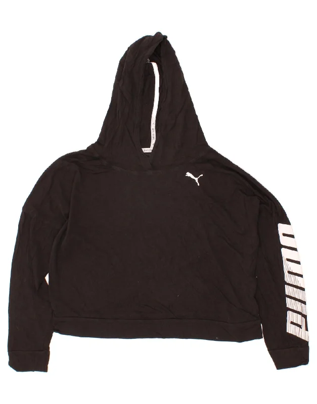 PUMA Womens Graphic Crop Hoodie Jumper UK 8 Small  Black Cotton Hoodie with Hem Ribbing Snug Secure