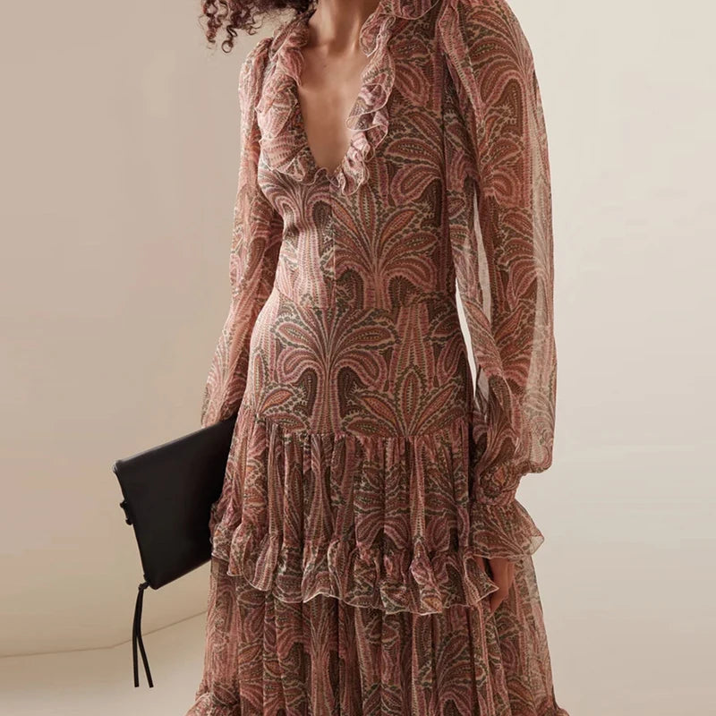 Wjczt Sexy Deep V-neck Ruffle Boho Maxi Dress Women Vintage Floral Print Long Party Dress Spring Autumn Flare Long Sleeve Office Dress Tunics Canvas sturdy