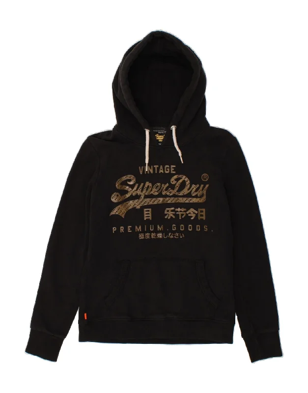 SUPERDRY Womens Graphic Hoodie Jumper UK 10 Small Black Cotton Hoodie with Mesh Breathable Sporty