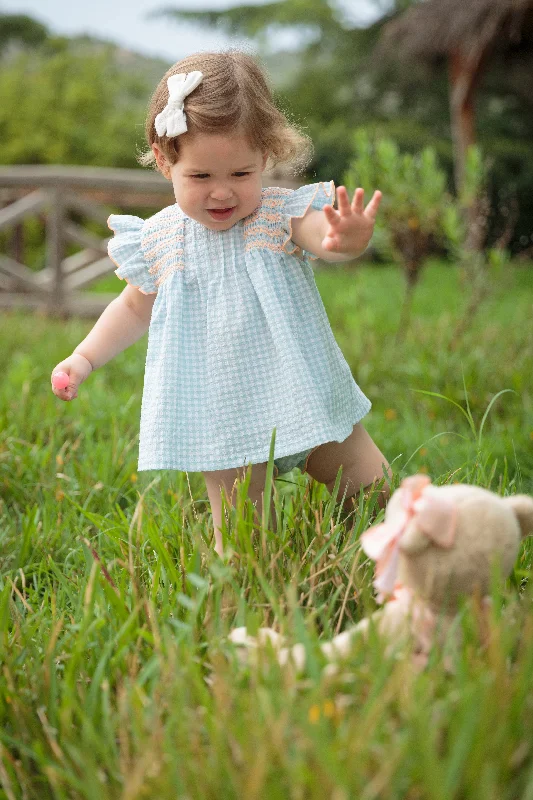 SS24 Babidu Blue Gingham Shirred Seersucker Dress Set Tunics Satin smooth