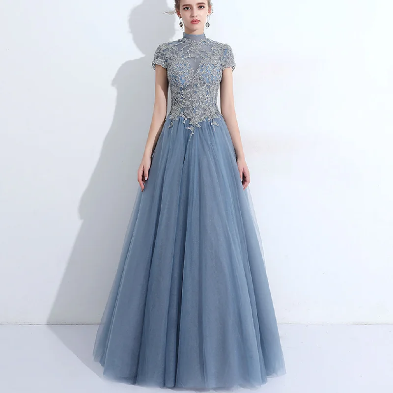 High Neck Prom Dress, Tulle A-Line Prom Dress, Applique Open-Back Prom Dress, Party Dresses, LB0709 Tunics Chic elegant