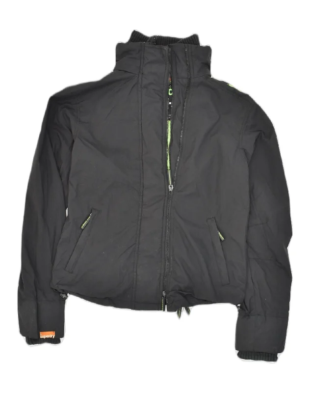 SUPERDRY Womens Rain Jacket UK 14 Medium Black Polyester Knit Jacket Woven Jacket Fleece Jacket