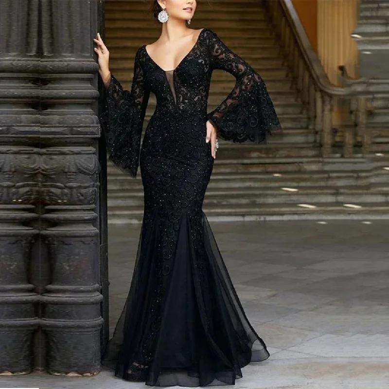 Wjczt Sexy V Neck Long Flare Sleeve Black Lace Dress Wedding Party Dresses Women  Evening Elegant Night Club Prom Long Maxi Dresses Turtleneck Neckline Stylish
