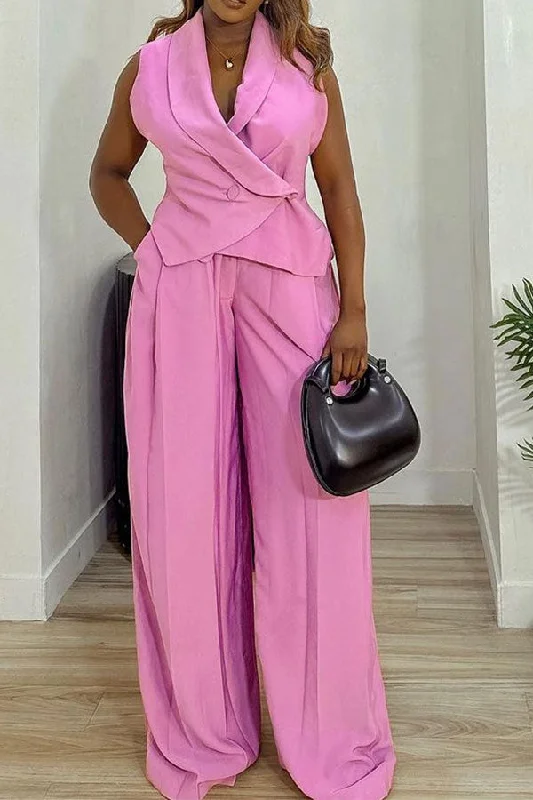 Solid Color Sleeveless Shawl Collar Urban Wide Leg Pant Suit Classic Straight-Leg Pants
